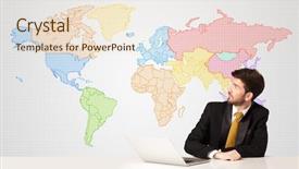  Presentation with geography - Colorful slides enhanced with geography project - businessman sitting at white table backdrop and a lemonade colored foreground