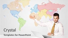  Presentation with geography - Slides having geography project - businessman sitting at white table background and a white colored foreground