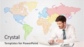  Presentation with geography - Presentation theme featuring geography project - businessman sitting at white table background and a sky blue colored foreground