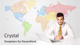  Presentation with geography - Amazing PPT layouts having geography project - businessman sitting at white table backdrop and a white colored foreground