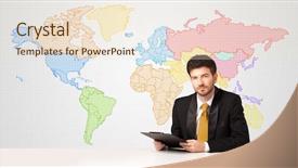  Presentation with geography - Presentation having geography project - businessman sitting at white table background and a lemonade colored foreground