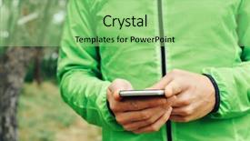  Presentation with outdoor clothes for hiking - PPT theme featuring geolocation - closeup of a young caucasian background and a  colored foreground