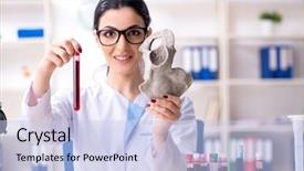  Presentation with archaeologist - Presentation theme featuring geologist - young female archaeologist working background and a light blue colored foreground