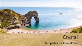  Presentation with holiday destination - Slide set having geology - aerial view durdle door jurassic background and a coral colored foreground