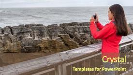  Presentation with travel app - PPT theme with geology - new zealand travel tourist girl taking background and a tawny brown colored foreground