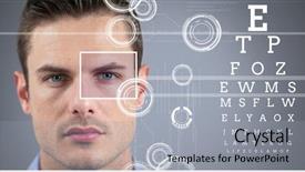  Presentation with eye care retina - Cool new PPT theme with geometric optics - man with eye focus box backdrop and a light gray colored foreground