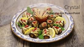  Presentation with eggplant - Slide set consisting of georgian-eggplant-rolls-with-walnut background and a coral colored foreground