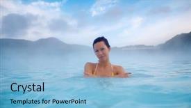  Presentation with hot spring - Slide deck featuring geothermie - woman enjoys spa in geothermal background and a light blue colored foreground