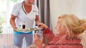  Presentation with senior citizen - Presentation theme having geriatric-nurse-brings-medication background and a red colored foreground