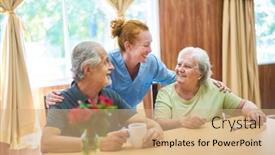  Presentation with geriatric - Slides having geriatric-nurse-caringly-takes-care background and a coral colored foreground