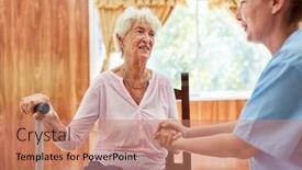 Presentation with rehab clinic - PPT layouts consisting of geriatric-nurse-holds-hands background and a coral colored foreground