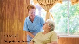  Presentation with assisted living - Presentation design consisting of geriatric-nurse-in-conversation background and a coral colored foreground