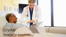  Presentation with digital hospital - PPT layouts having geriatric patient - doctor with digital tablet talks background and a coral colored foreground