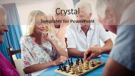  Presentation with retirement - Slide deck with geriatric patient - group of seniors playing chess background and a  colored foreground