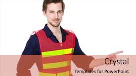  Presentation with engineering desk of civil engineer - Audience pleasing slide set consisting of german architect - engineer with finger point aside backdrop and a  colored foreground