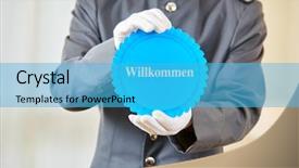  Presentation with hotel - Presentation design featuring german badge saying willkommen welcome background and a teal colored foreground