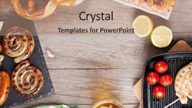  Presentation with empty of wood table top - Amazing theme having german food - beer mug grilled shrimps sausages backdrop and a coral colored foreground