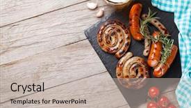  Presentation with sausages - Theme having german food - grilled sausages and beer mug background and a mint green colored foreground