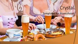  Presentation with dinner - Beautiful PPT theme featuring german food - three women eating lunch backdrop and a coral colored foreground