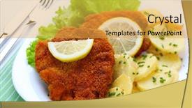  Presentation with pirple sweet potato - Presentation theme having german food - wiener schnitzel breaded with potato background and a  colored foreground