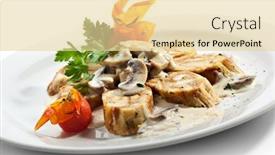  Presentation with dumpling - Slide deck featuring german home-made dumpling - served as sliced rolls with mushrooms and cream sauce background and a blonde colored foreground