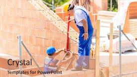  Presentation with scaffold - Colorful PPT layouts enhanced with two builder or worker with helmets controlling walls in scaffold with a bubble level on building or construction site backdrop and a coral colored foreground