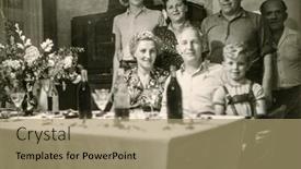  Presentation with fifties - Colorful slide set enhanced with close-up of beautiful woman posing with eyes closed against black background backdrop and a tawny brown colored foreground