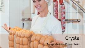  Presentation with butcher - PPT theme having germany food - butcher woman showing sausages background and a coral colored foreground