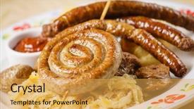  Presentation with sausages - Presentation theme with germany food - german sausages with sauerkraut background and a yellow colored foreground