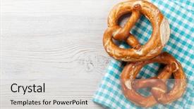  Presentation with snacks - Presentation theme featuring germany food - pretzel beer snacks on wooden background and a light gray colored foreground