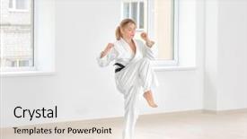  Presentation with karate - PPT theme having gery - female karate instructor training background and a white colored foreground