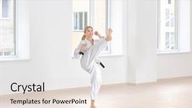  Presentation with nursing simulation training - Theme featuring gery - female karate instructor training background and a sky blue colored foreground