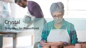  Presentation with container pots - Colorful slide set enhanced with gery - female potter checking pots backdrop and a  colored foreground