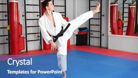  Presentation with karate do - PPT layouts consisting of gery - male karate instructor in dojo background and a teal colored foreground
