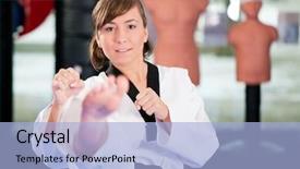  Presentation with training - Slides featuring gery - woman in martial art training background and a light blue colored foreground