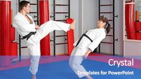  Presentation with karate - Colorful presentation enhanced with gery - young man and woman practicing backdrop and a teal colored foreground