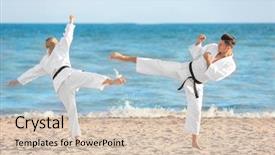  Presentation with karate - Audience pleasing slide deck consisting of gery - young man and woman practicing backdrop and a lemonade colored foreground