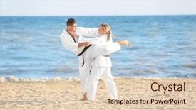  Presentation with karate - Slides consisting of gery - young man and woman practicing background and a lemonade colored foreground