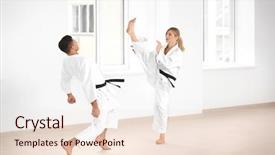  Presentation with karate - Presentation theme having gery - young man and woman practicing background and a lemonade colored foreground
