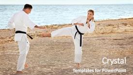  Presentation with man joined woman - Slide deck featuring gery - young man and woman practicing background and a coral colored foreground