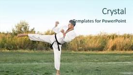  Presentation with young man on the phone - Colorful PPT layouts enhanced with gery - young man practicing karate outdoors backdrop and a sky blue colored foreground