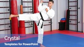  Presentation with karate - PPT theme featuring gery - young man practicing karate background and a teal colored foreground