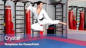  Presentation with young man and a woman - Cool new presentation design with gery - young man practicing karate backdrop and a ocean colored foreground