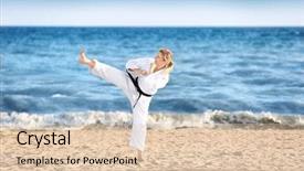  Presentation with karate do - PPT layouts with gery - young woman practicing karate outdoors background and a lemonade colored foreground