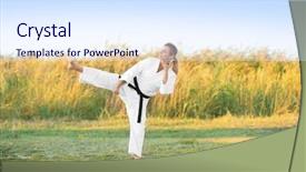  Presentation with karate do - Beautiful PPT layouts featuring gery - young woman practicing karate outdoors backdrop and a sky blue colored foreground