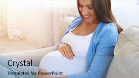  Presentation with pregnant woman cleaning - Slide set with gestation - closeup of pregnant woman holding background and a light blue colored foreground