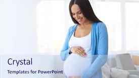  Presentation with pregnant woman - Beautiful slide deck featuring gestation - closeup of pregnant woman touching backdrop and a sky blue colored foreground