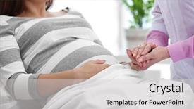  Presentation with pregnant woman doctor - Presentation theme having gestation - doctor holding pregnant woman's hand background and a light gray colored foreground
