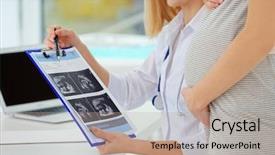  Presentation with ultrasound - Presentation design consisting of gestation - doctor showing ultrasound photo background and a coral colored foreground