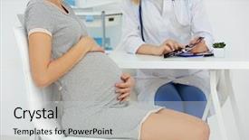  Presentation with doctor visiting family a new born - PPT theme enhanced with gestation - pregnant woman visiting doctor background and a light gray colored foreground
